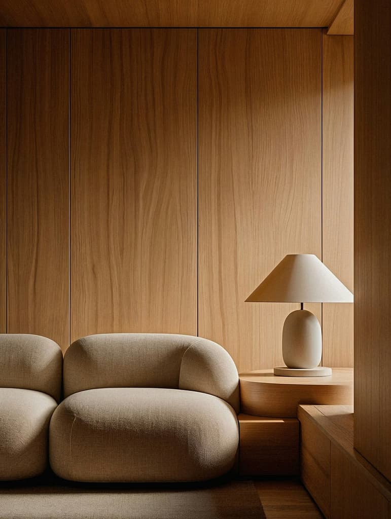 Warm interior with wooden paneling and lamp