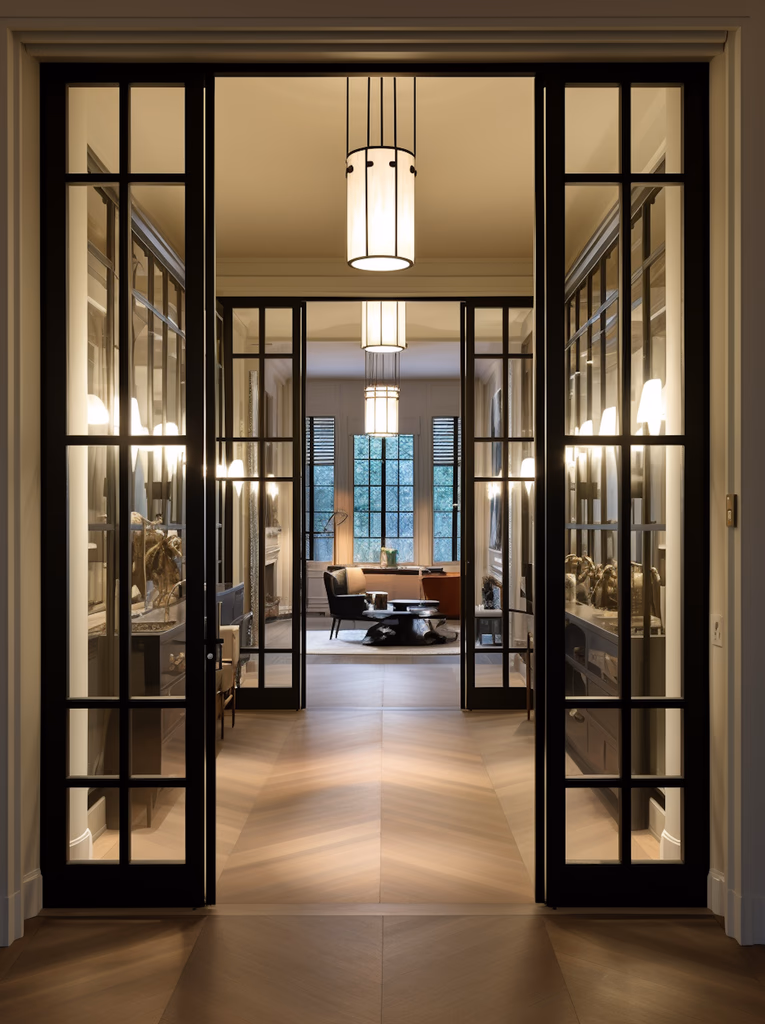 Elegant entrance with black-framed glass doors