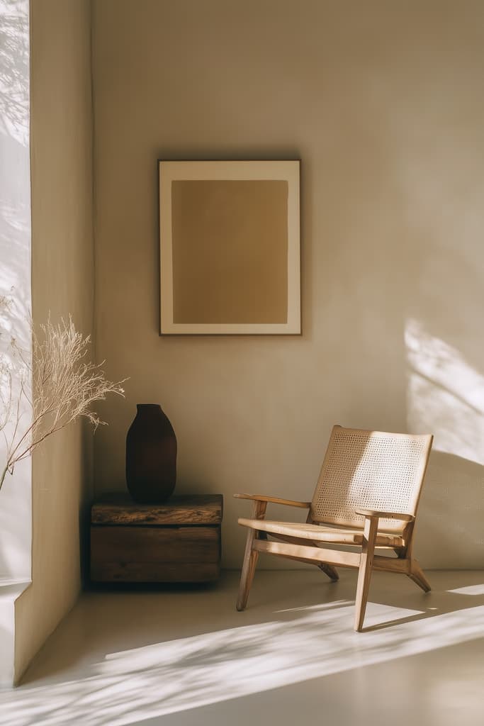 Minimalist room with framed art and natural light
